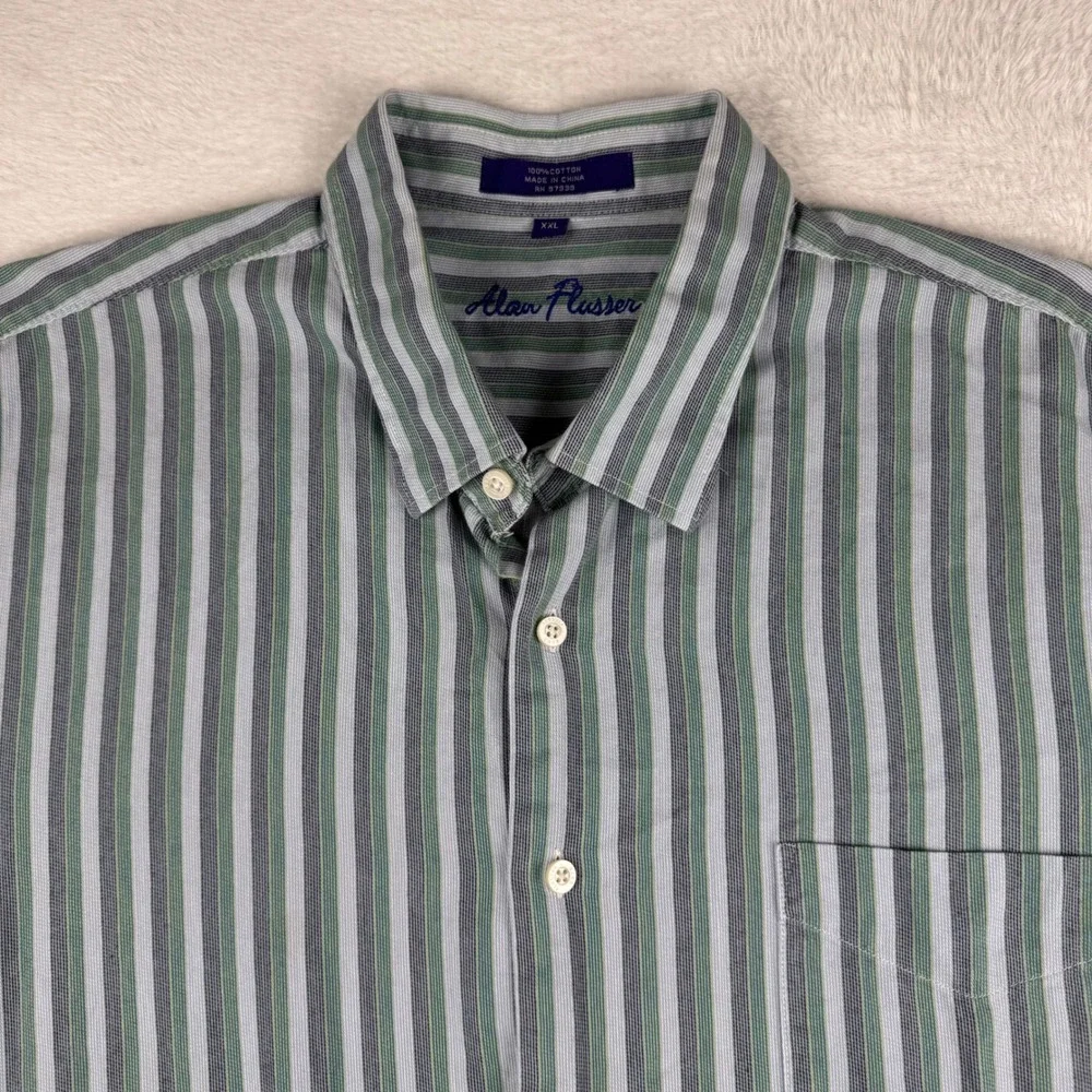 Alan Flusser Button Down Shirt Mens XXL‎ Green Blue Striped Long Sleeve Cotton
